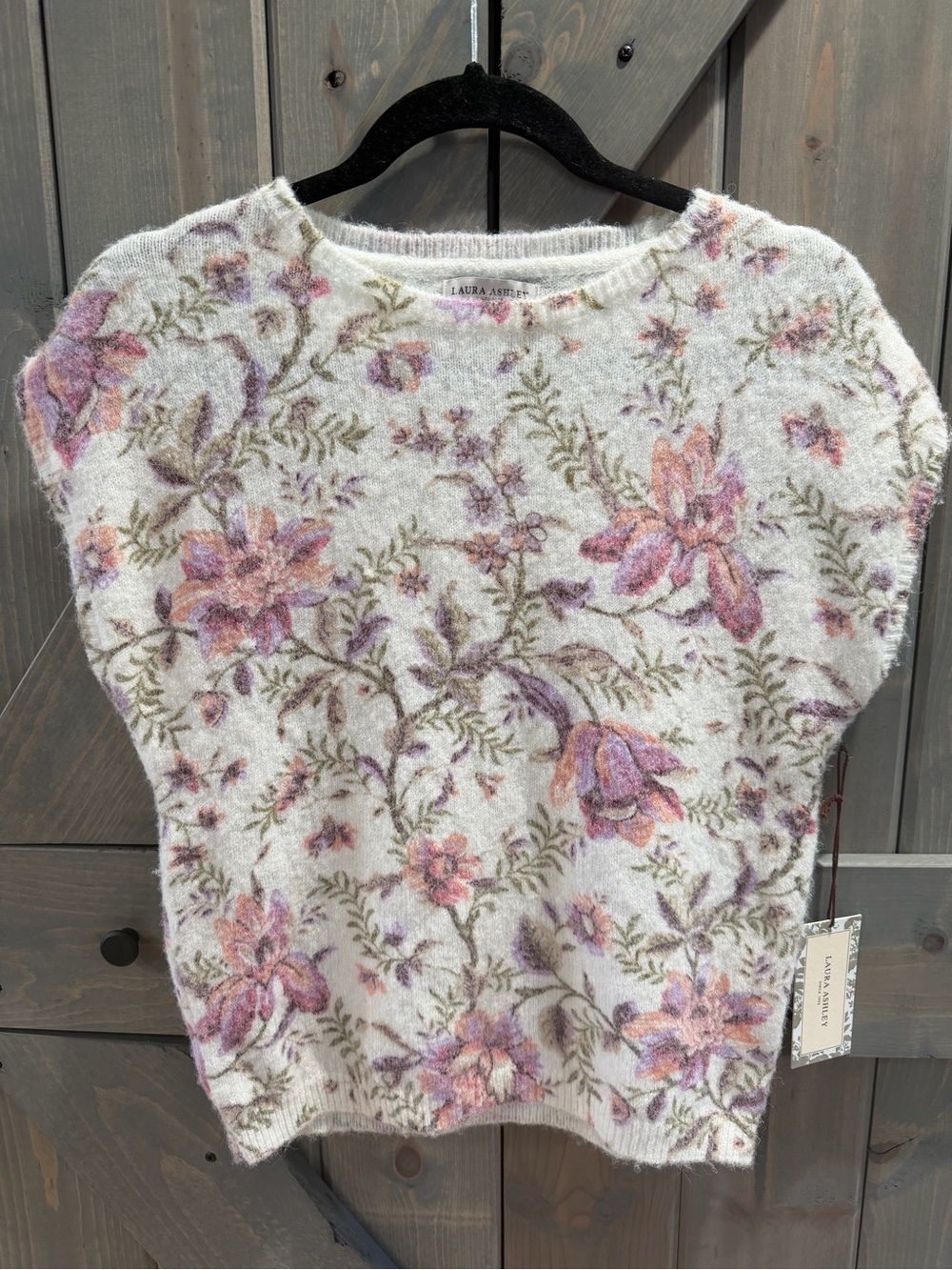 NWT Laura Ashley Women’s XS Ivory Floral Fuzzy Short Sleeve Sweater Cottagecore
